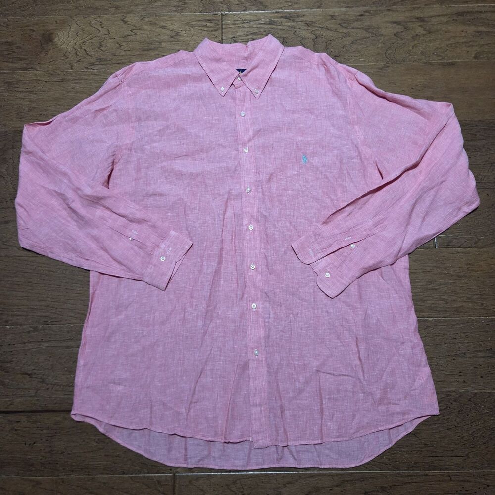 Polo Ralph Lauren Shirt Mens 2XLT Tall Pink Linen Long Sleeve Button Down